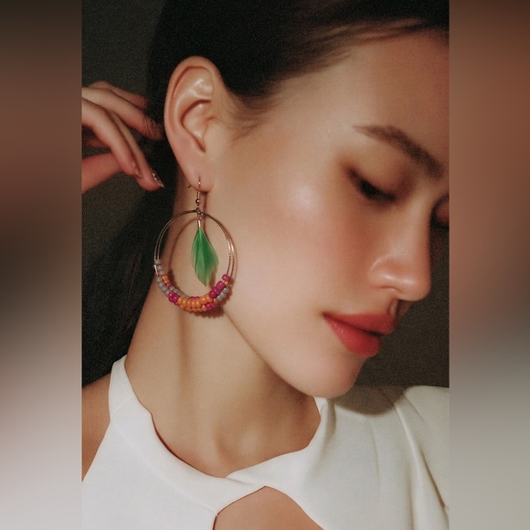 Jewelry - Handmade Colorful Beaded Hoop Earrings with Leaf Accent